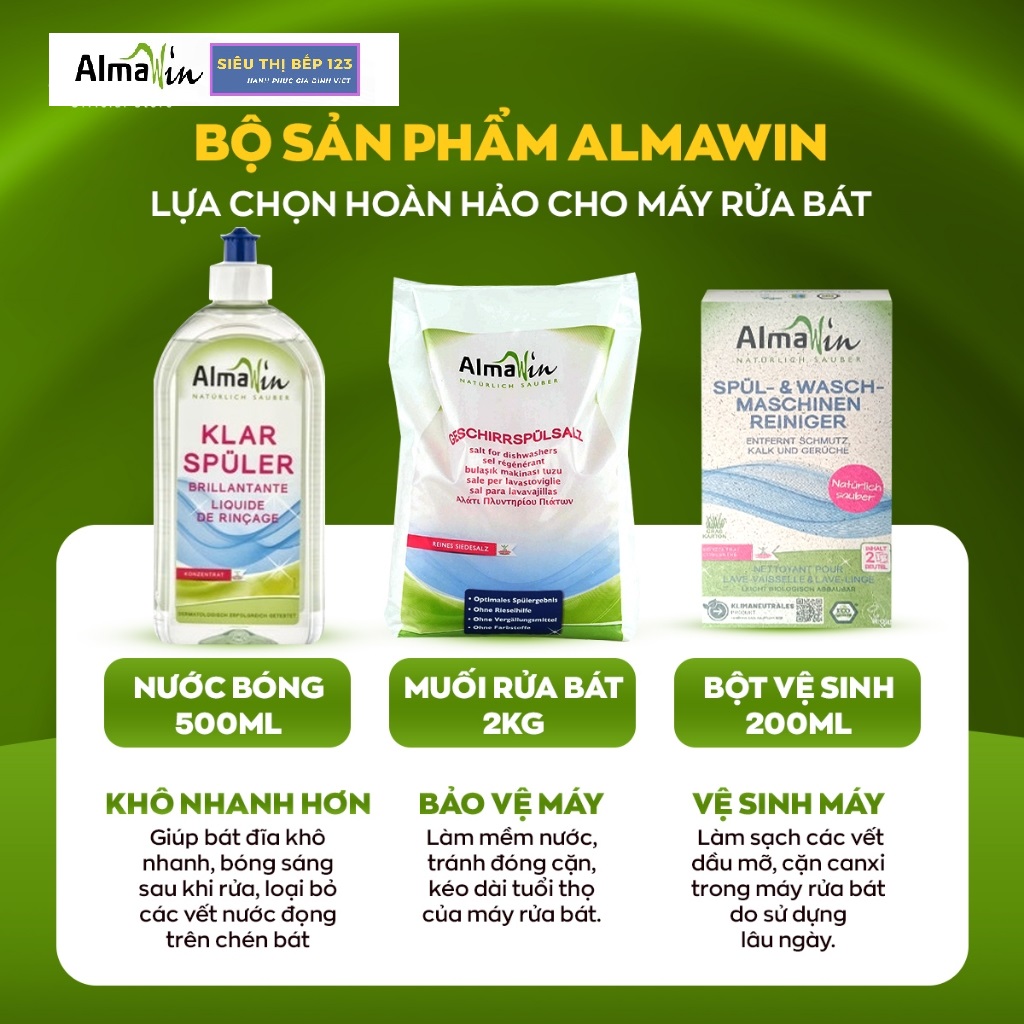 Muối Rửa Bát Almawin Hữu Cơ 2Kg - Giúp  làm mền nước, chống cặn canxi và bảo vệ máy rửa bát