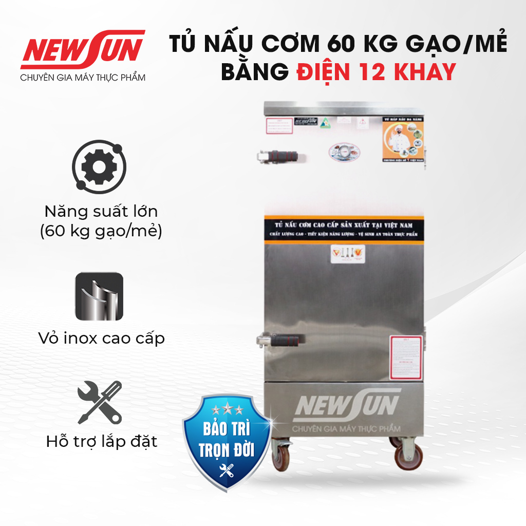 Tủ Nấu Cơm 60 Kg Gạo/ Mẻ Bằng Điện 12 Khay NEWSUN Việt Nam - Hàng Chính Hãng