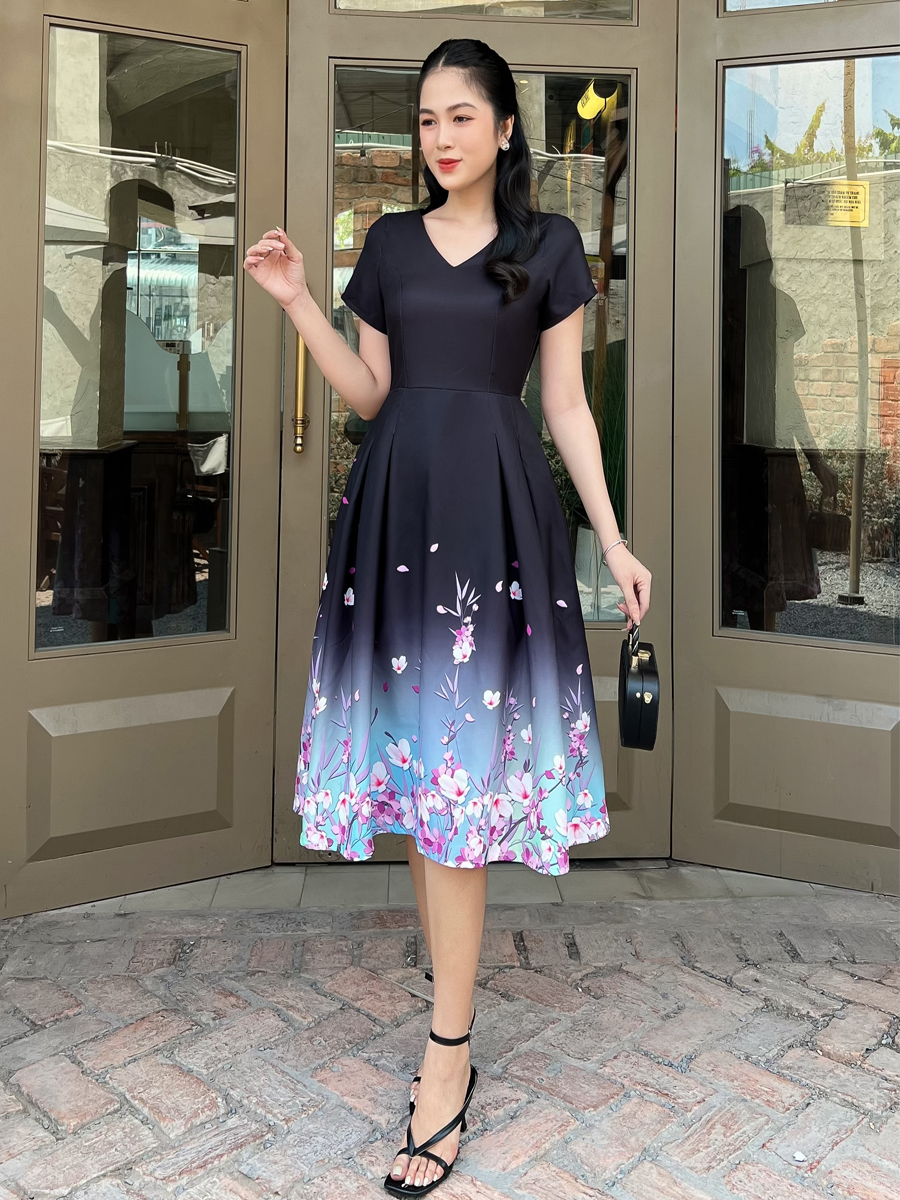 [HCM] Đầm xòe in chân hoa 3D thanh lịch AD074 - Khánh Linh Style