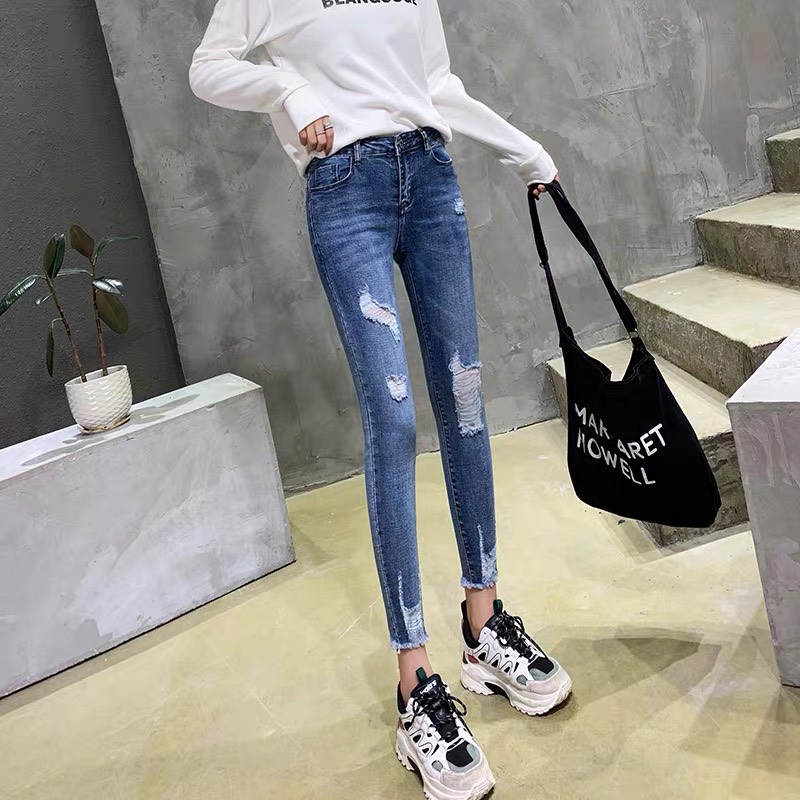 [ SIZE ĐẠI 40kg~90kg] Quần jean dài BIG SIZE xanh đậm rách bụi , vải jean dày dặn co dãn mạnh 3096