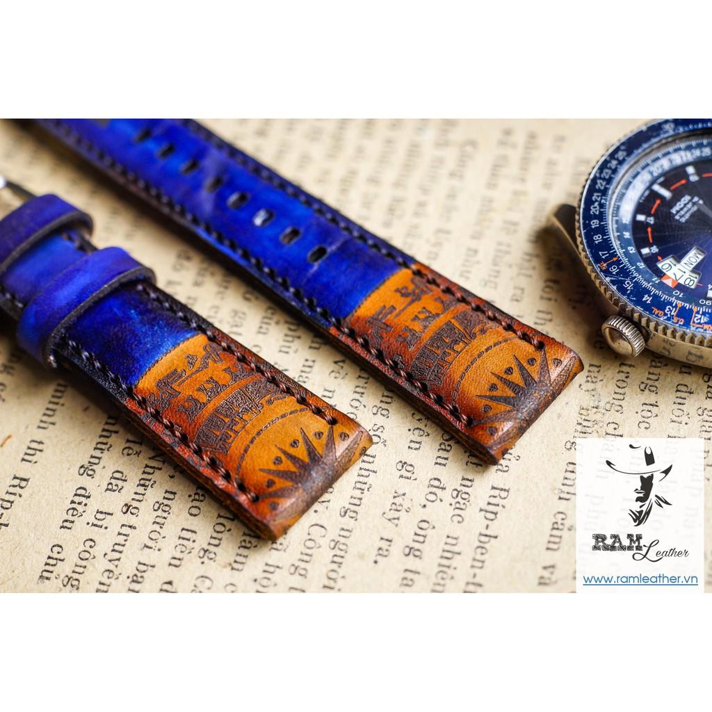 DÂY ĐỒNG HỒ TRỐNG ĐỒNG XANH NAVY - DA BÒ THẬT -ĐỦ SIZE 18,20,22,CASIO, APPLE WATCH -CHÍNH HÃNG RAM LEATHER