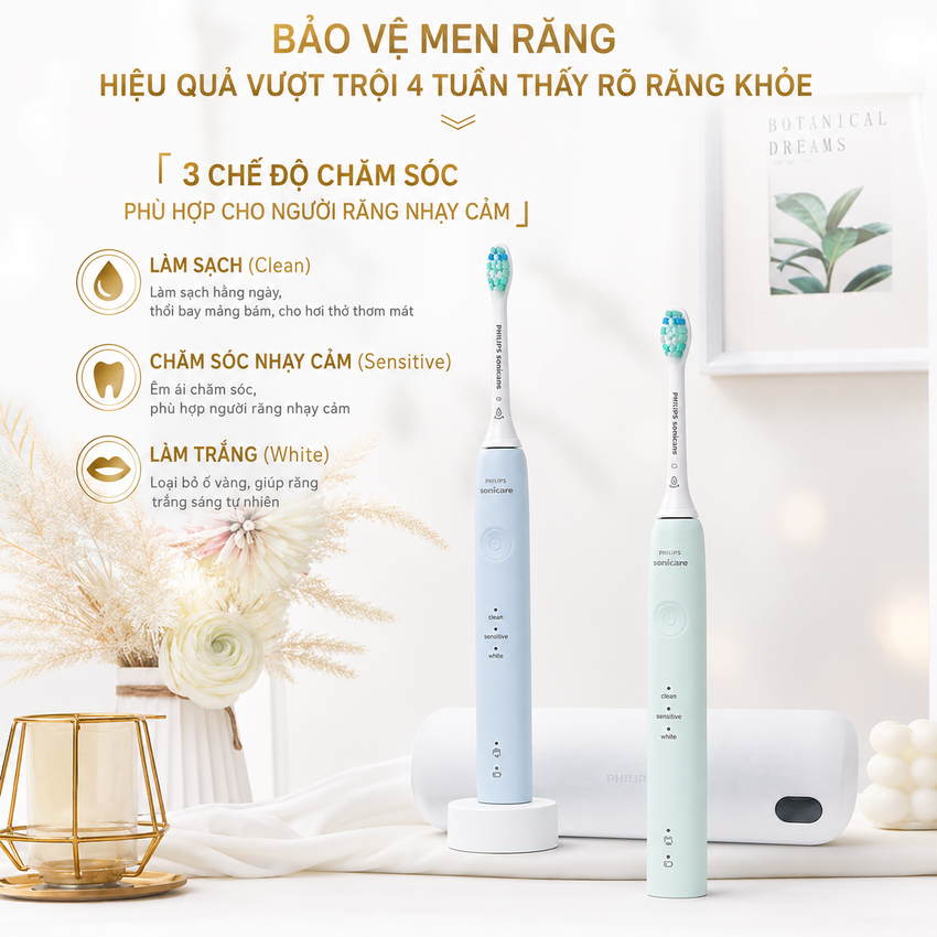 Bàn chải đánh răng điện rhương hiệu Hà Lan cao cấp Philips Sonicare Series 5200 HX3697 - 3 chế độ làm sạch - Hàng chính hãng