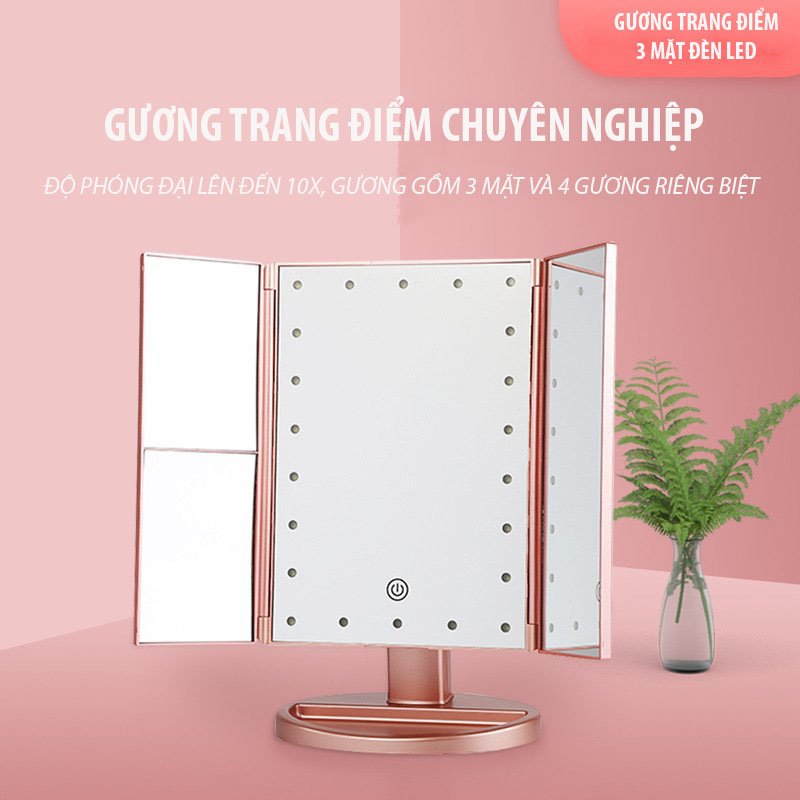 Gương Trang Điểm 3 Mặt , Màn Hình Đèn Led Cảm Ứng, Độ Phóng Đại 1X 2X 3X 10X Siêu Rõ Nét, Có Kệ Đựng Mỹ Phẩm Chuyên Dụng- Tặng Kèm Gương Lúp Mini Cực Xinh