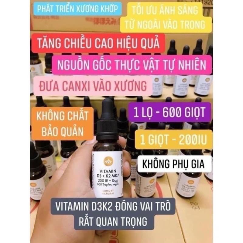 Vitamin D3 K2 Mk7 Sunday Natural, Dùng Cho Trẻ Sơ Sinh, Dung Tích 20ml, Nhập Đức