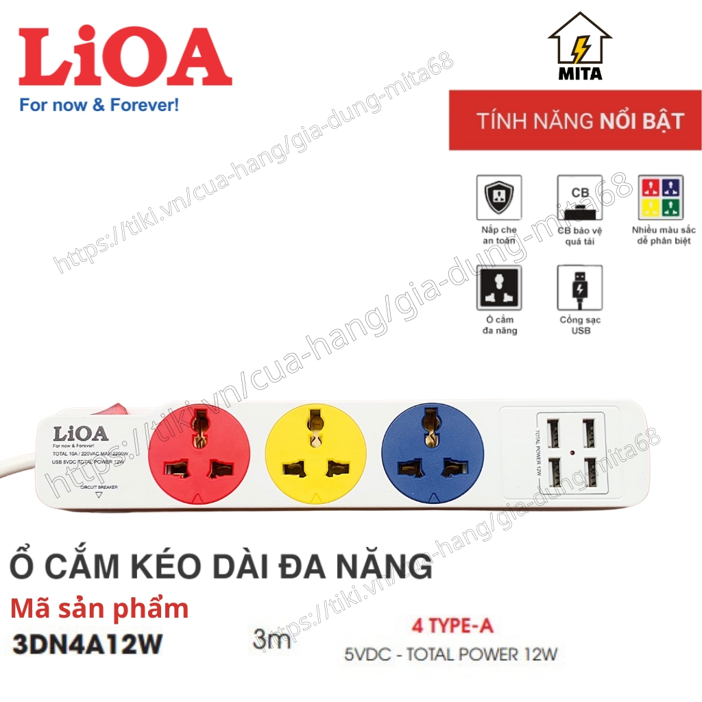 Ổ Cắm Điện LiOA Đa Năng Kèm Cổng Sạc USB NEW - 3 lỗ Dây dài 3m Công suất 2200W kèm USB type C có Sạc Nhanh