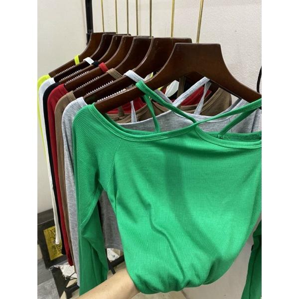 Áo hở vai dài tay cổ choker chất thun tăm đẹp