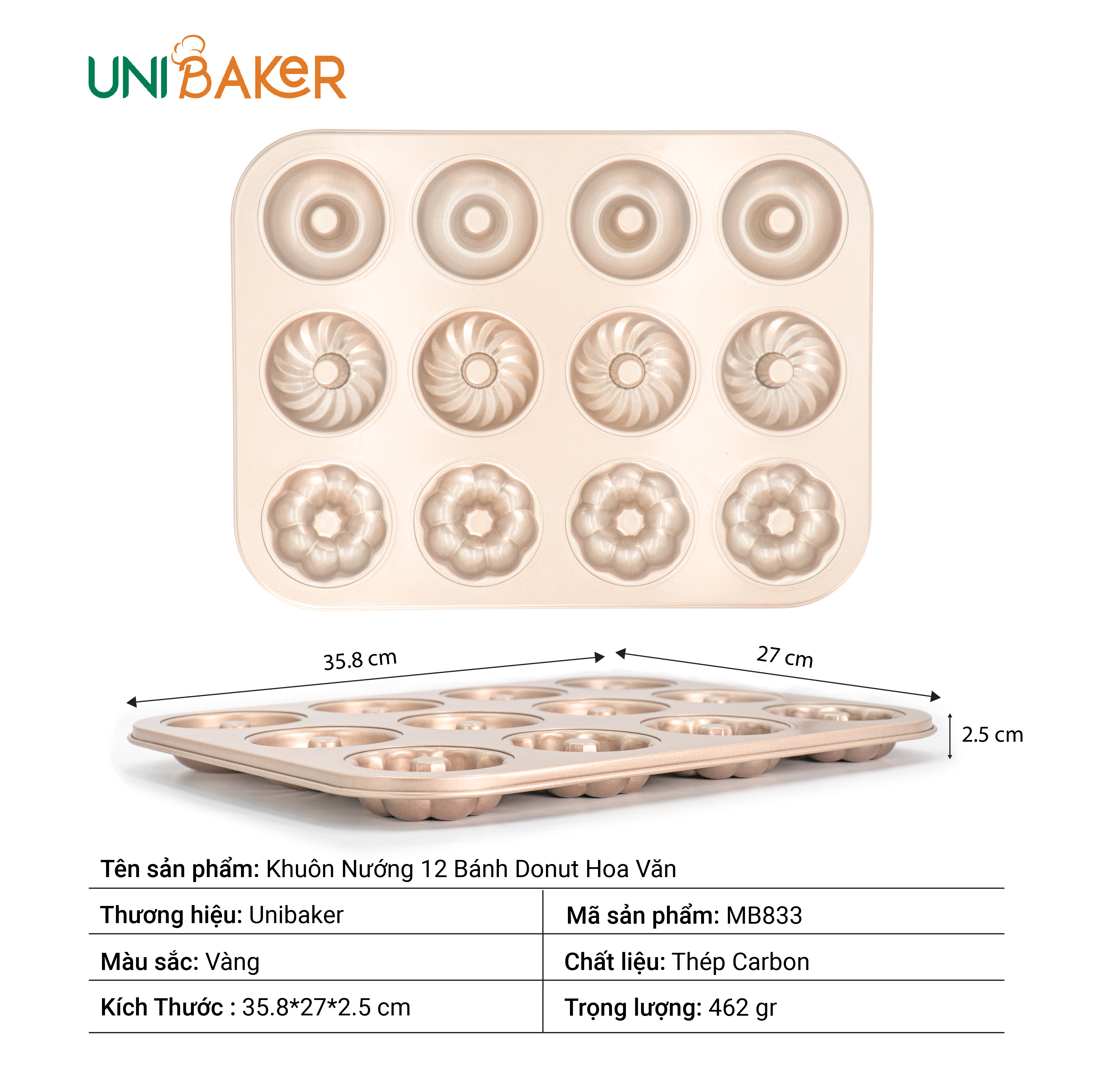 KHUÔN NƯỚNG 12 BÁNH DONUT HOA VĂN UNIBAKER MB833