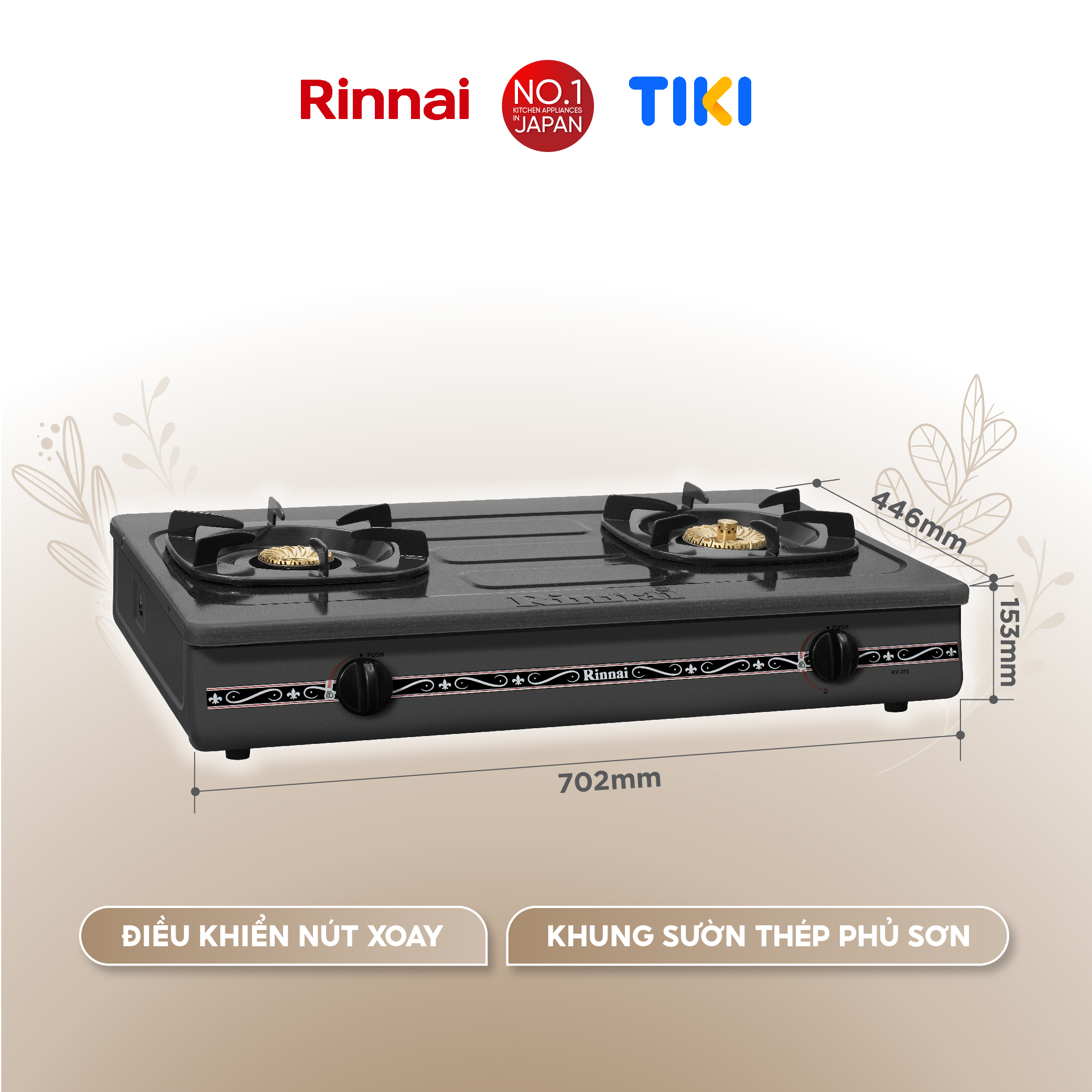 Bếp gas dương Rinnai RV-375(G)N mặt bếp men và kiềng bếp men - Hàng chính hãng.