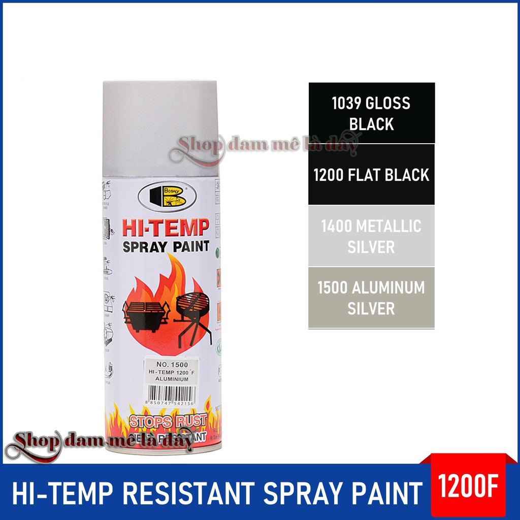 Sơn xịt chịu nhiệt độ cao loại tốt chính hãng, sơn pô xe, sơn chống cháy 600 độ HI TEMP Bosny dung tích 400ml nhiều màu - Thái Lan