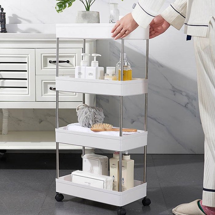 Kệ để đồ dùng đa năng làm từ nhựa PP 4 tầng có bánh xe, có lỗ thoát nước, có 4 móc treo đồ tiện dụng mới 2021 + tặng một tạp dề hoa cúc - Màu ngẫu nhiên