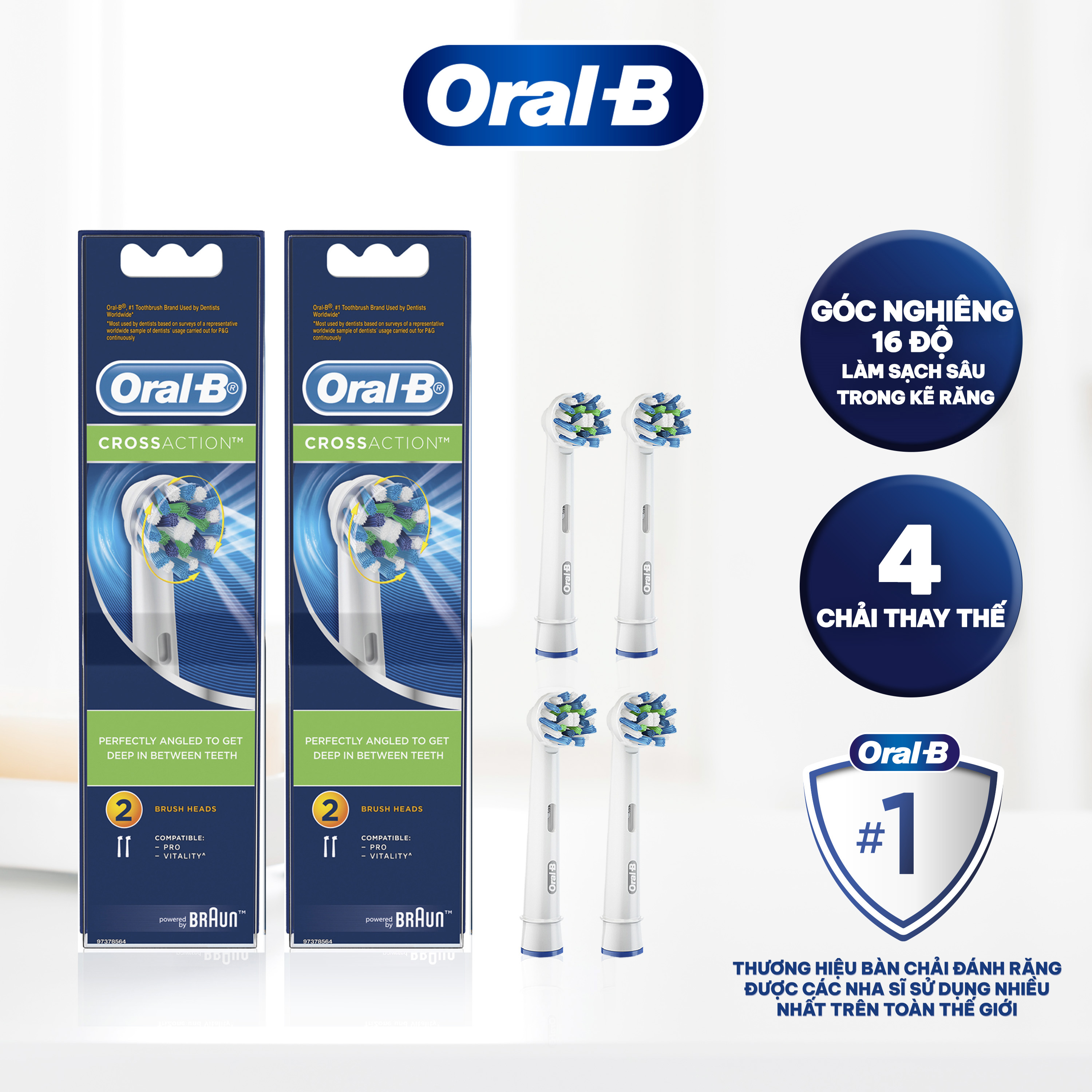 Combo Đầu Bàn Chải Điện ORAL-B Vitality Cross Action Làm Sạch Từng Kẽ Răng Hộp 2 Cái x2