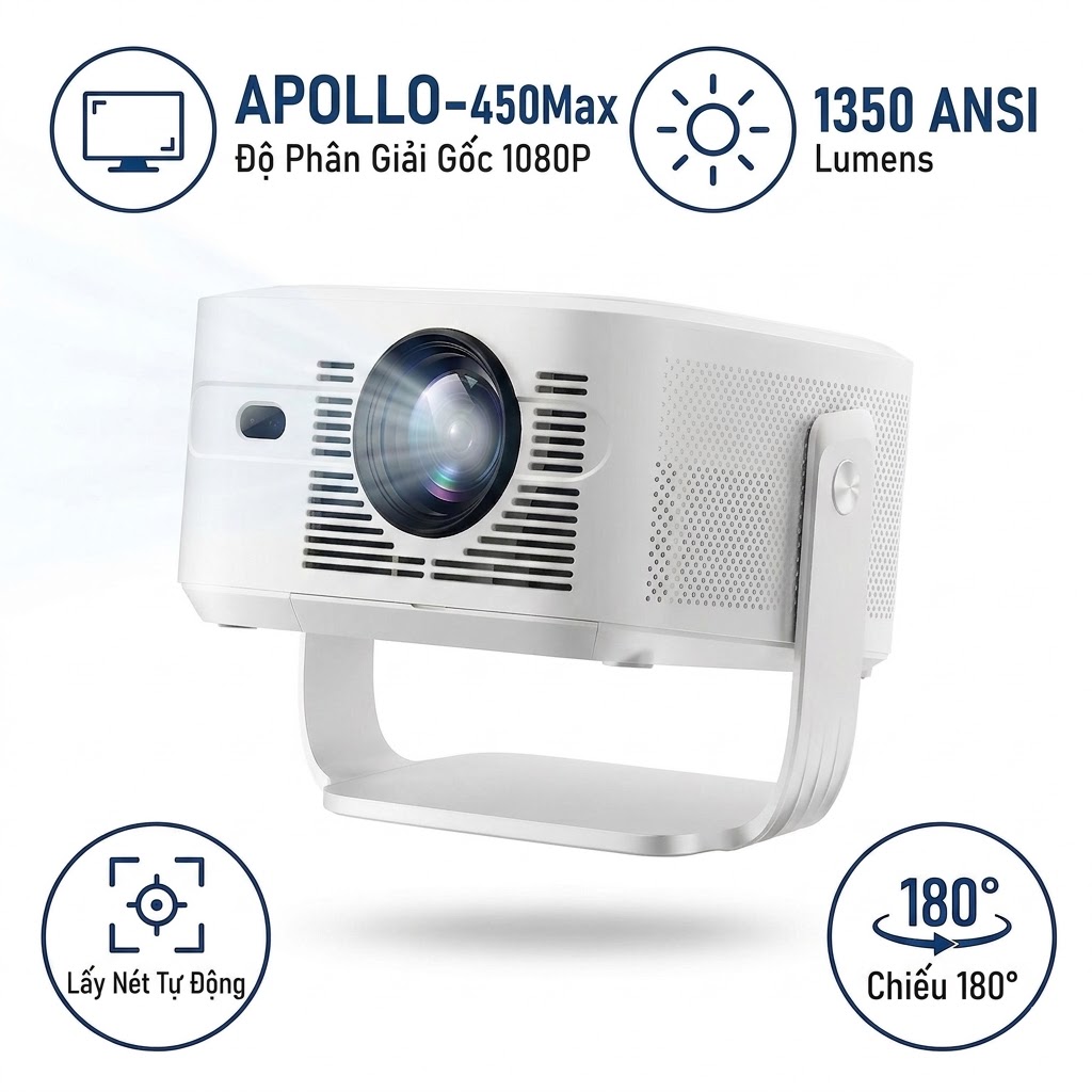 Máy Chiếu Thông Minh Apollo 450Max Full HD 1080P – Android 14, WIFI 6 băng tần kép 2.4G/5G, Hình Ảnh Siêu Nét - Hàng nhập khẩu
