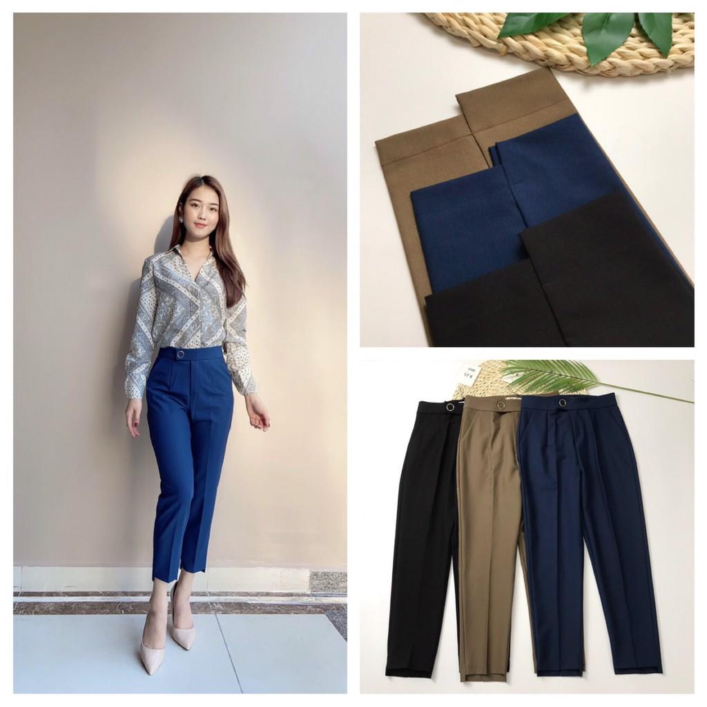 Quần baggy gấu lệchQuần nữ công sở khuy tròn 3 màu chất vitex mịn dầy sành điệu cho nữ