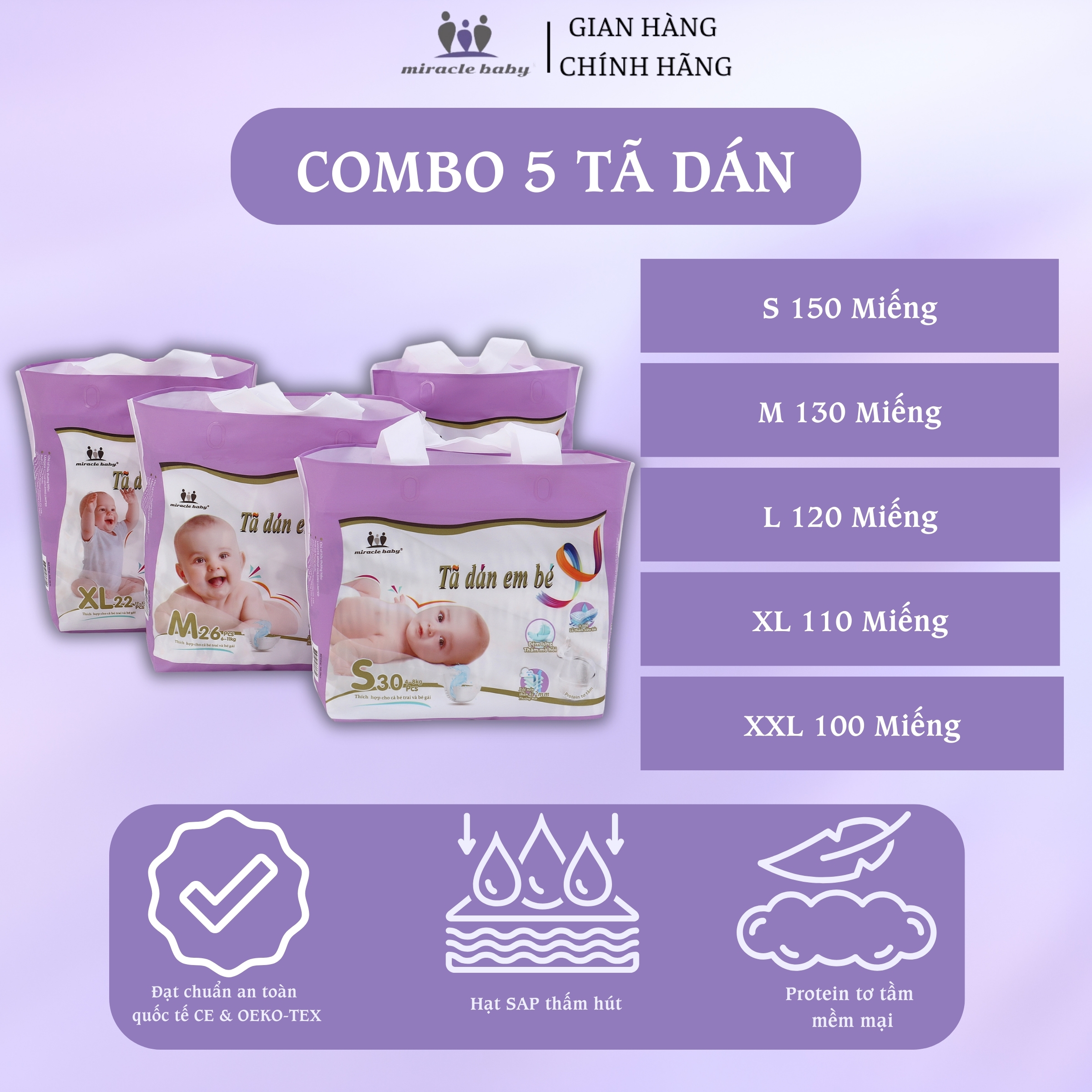 COMBO 5 Tã dán , Bỉm dán Miracle Baby cho bé sơ sinh chất liệu Protein tơ tầm có 5 size S,M,L,XL,XXL