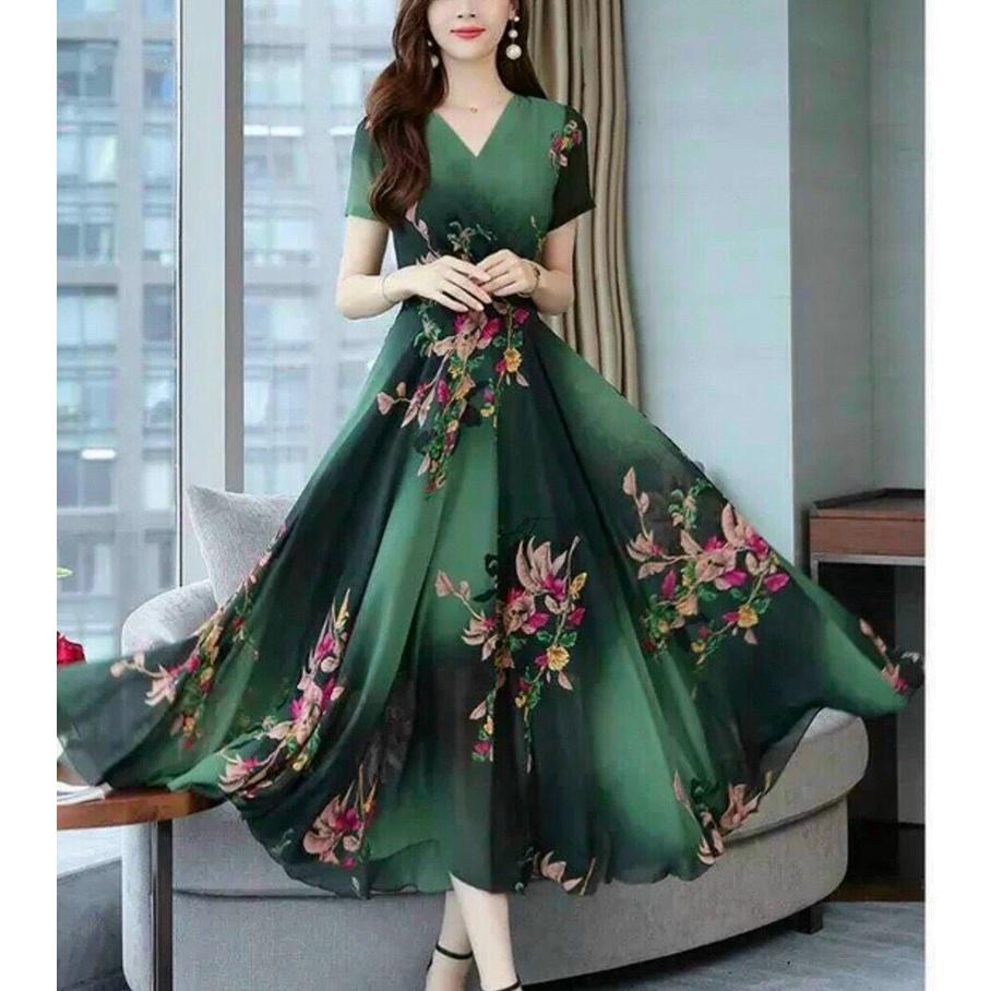 Đầm Hoa Thiết Kế Cổ V, Xòe Tùng, Kiểu Dáng Đơn Giản, Sang Trọng