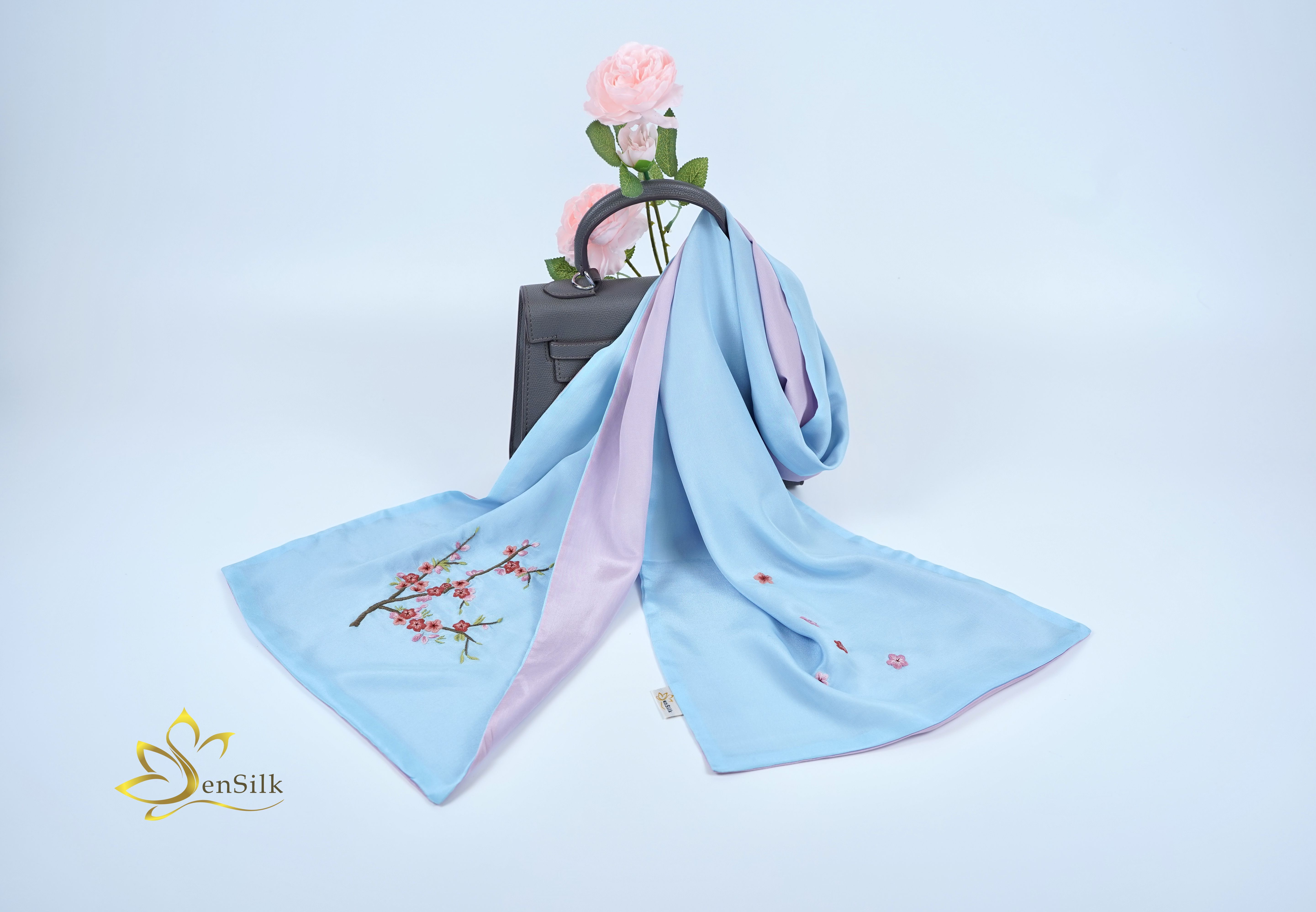 100% Silk Scarf Hand Embroidery, Khăn Lụa 2 Màu Thêu Handmade Hoa Đào SenSilk, Quà Việt Nam Cao Cấp 160x35cm