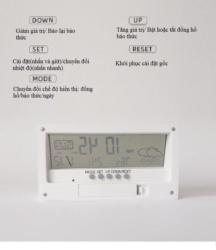 Đồng hồ màn hình LCD để bàn nhỏ gọn, kết cấu đa chức năng lịch, nhiệt độ, độ ẩm, thời tiết ( Tặng bộ 6 con bướm trang trí phát sáng )