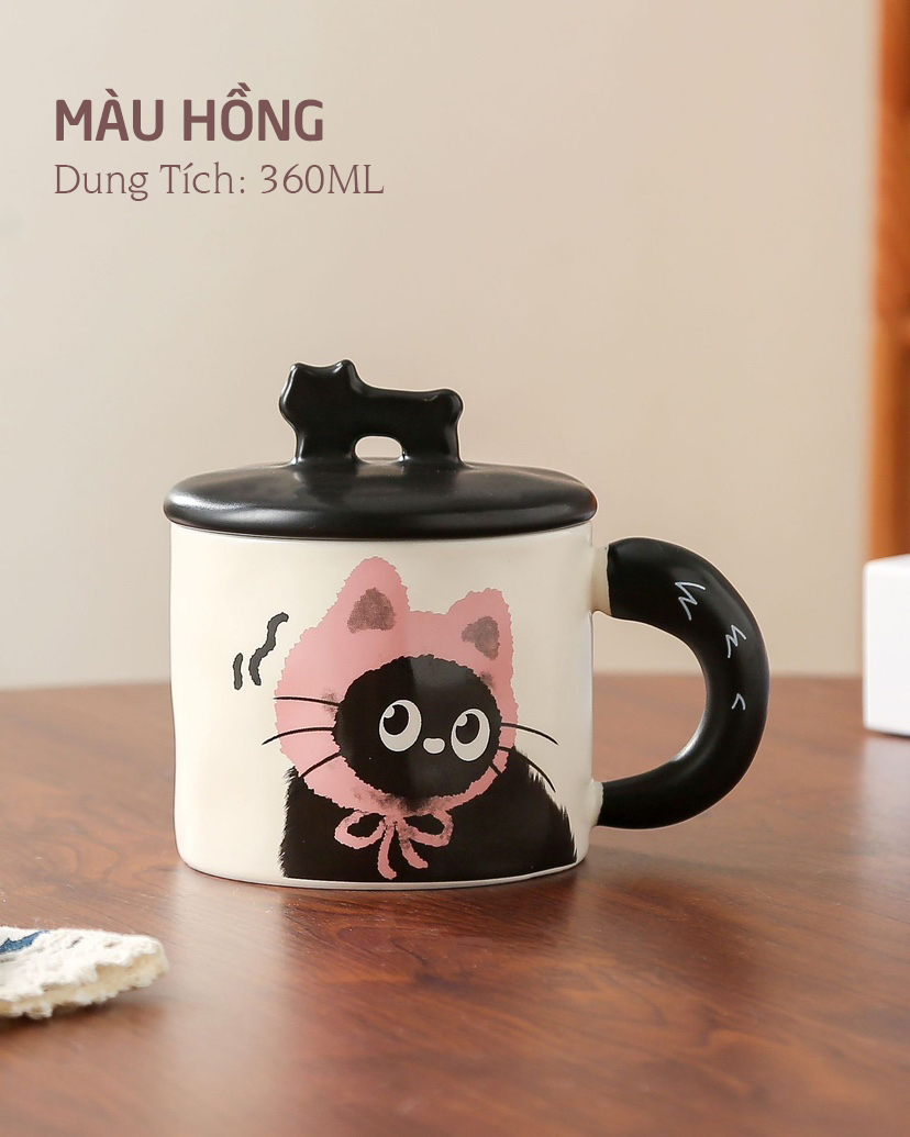 Ly Gốm sứ Mèo kèm nắp Mèo dễ thương 360ml