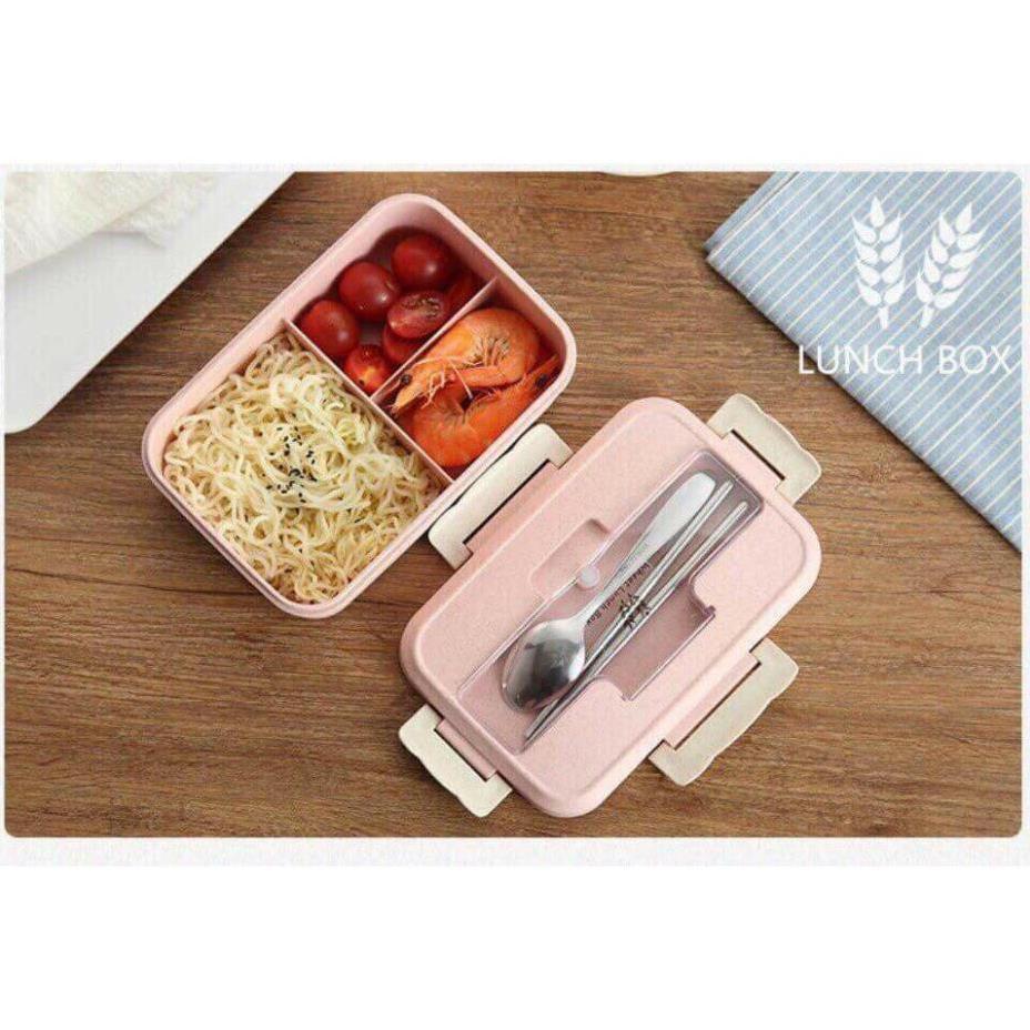 Hộp cơm, hộp đựng thức ăn 3 ngăn nhựa lúa mạch kèm đũa thìa inox