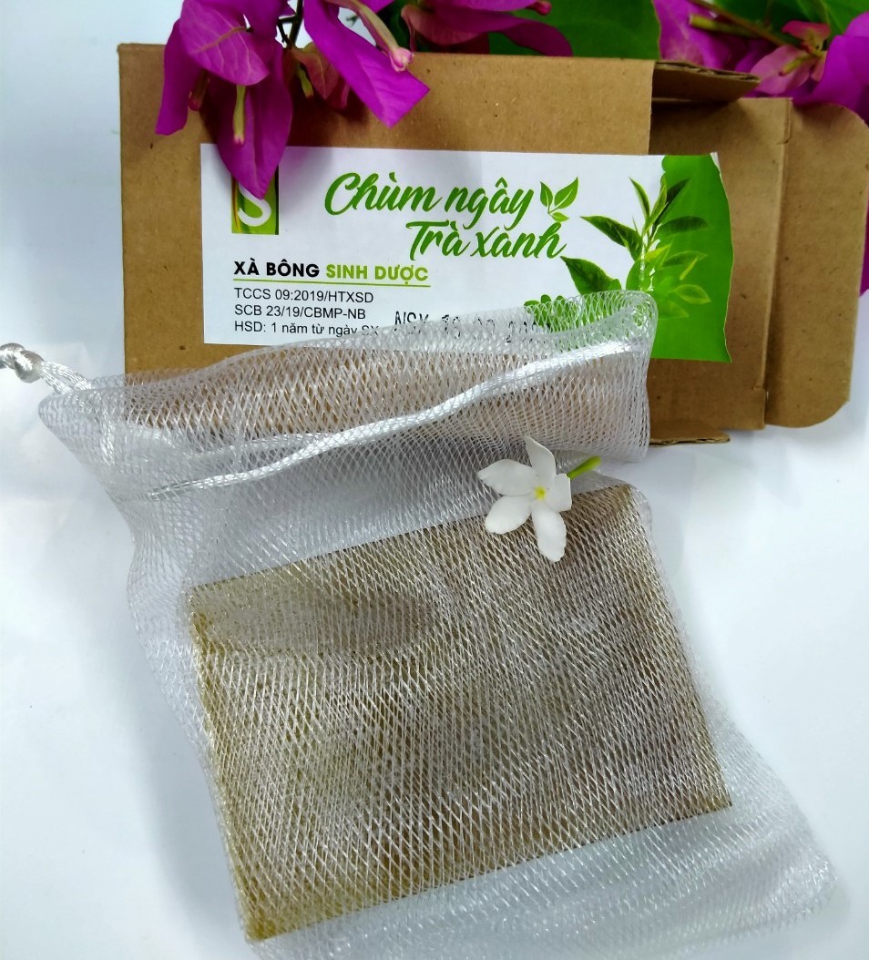 Bánh Xà bông Sinh Dược 100 gram Chùm ngây Trà xanh, hương trầu không, kèm túi lưới tạo bọt