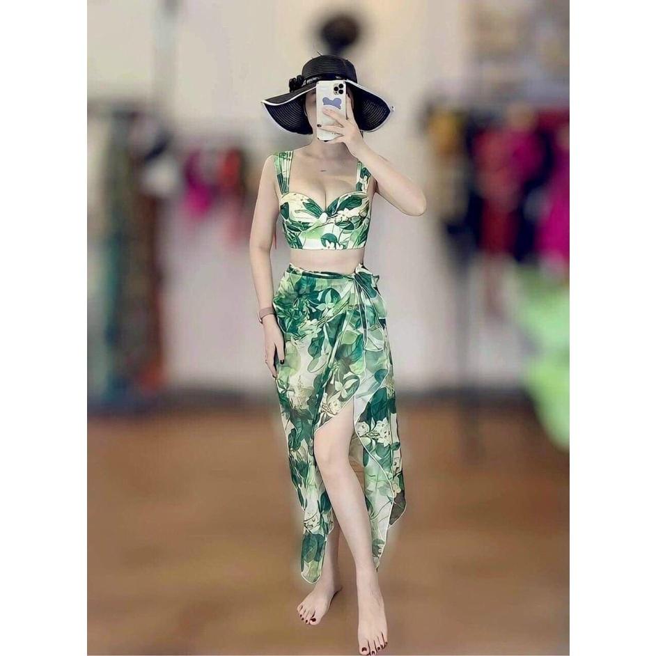 Bikini set 3 món# Đồ bơi đi biển hoa xanh kèm khăn mẫu mới BM-119