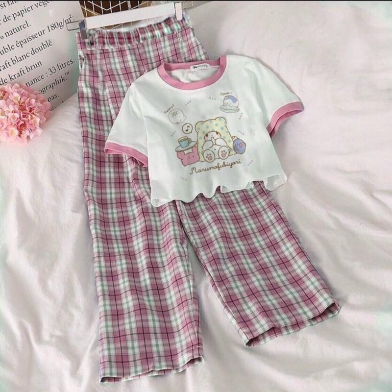 Set áo croptop cuốn biên kèm quần sọc caro chất áo cotton kèm quần kate-N