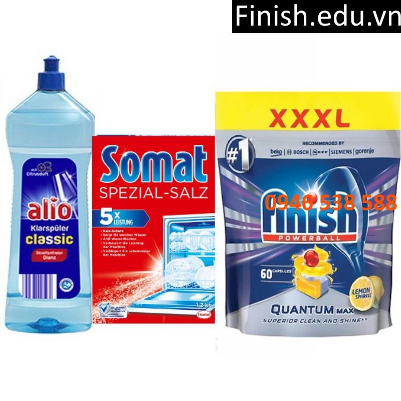 Combo viên rửa bát finish quantum 60 + muối Somat 1.2kg + Nước làm bóng alio 1 lít dùng cho máy rửa bát