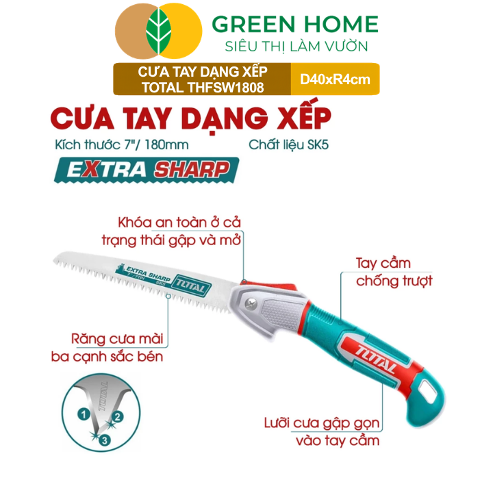 Cưa Tay Dạng Xếp Total THFSW1808 GreenHome, Lưỡi Thép SK5 180mm, Răng Cưa 3 Cạnh, Bền Bỉ, Gấp Gọn