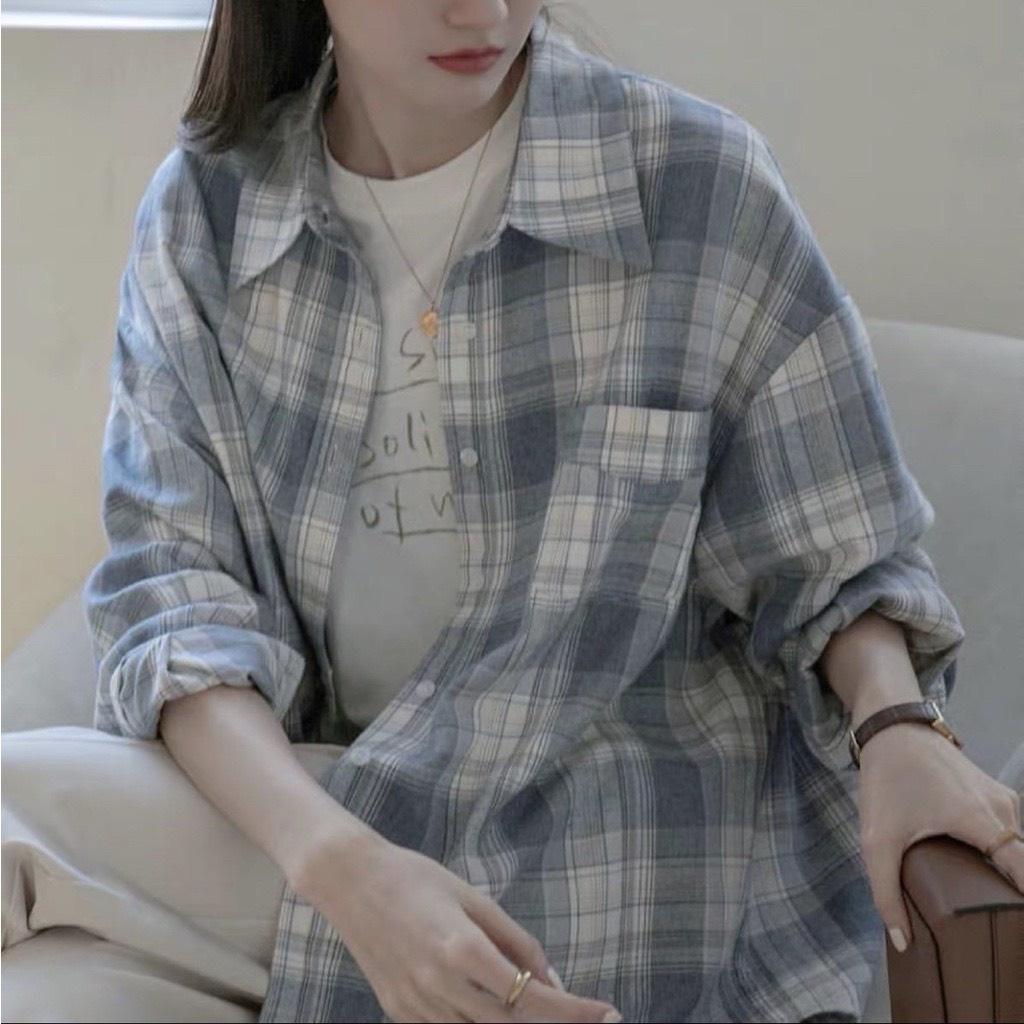 Áo sơ mi nữ dài tay kẻ caro xanh bản to unisex phong cách Hàn Quốc form rộng