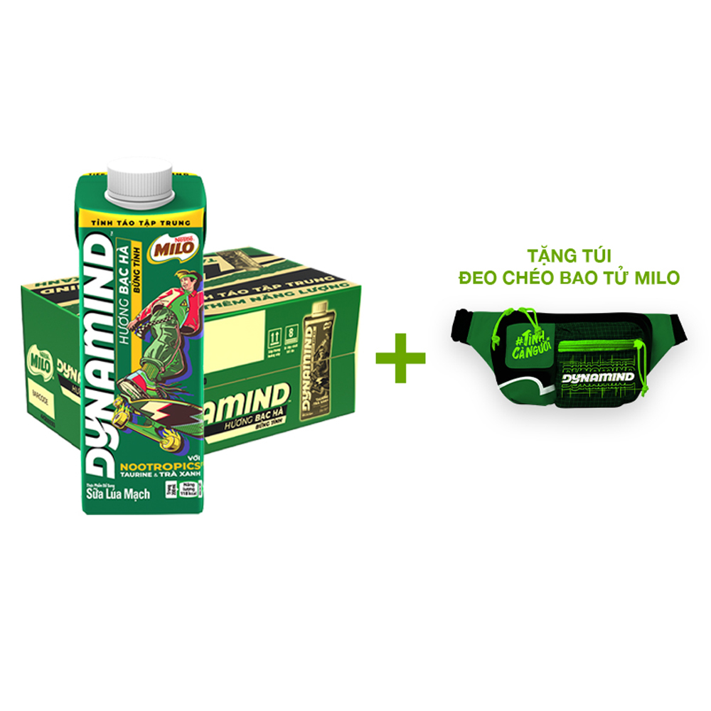 [Tặng Túi Đeo Chéo Bao Tử Milo] Sữa lúa mạch MILO Dynamind Taurine Trà Xanh thùng 24 hộp x 200 ml