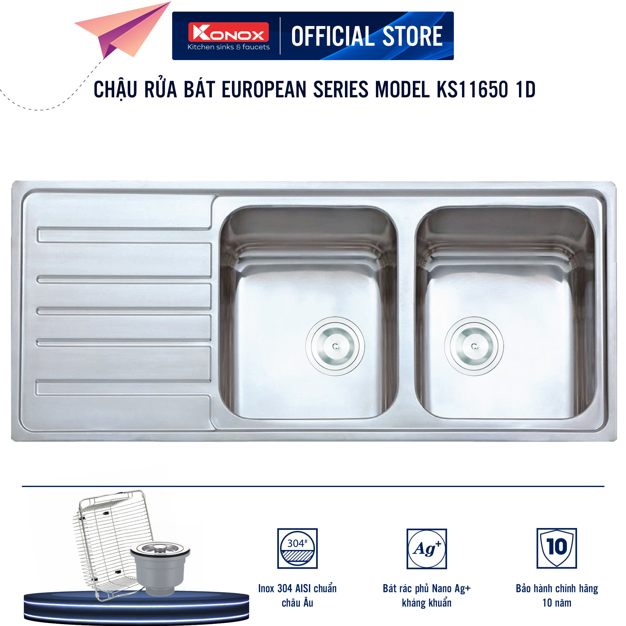 Chậu rửa bát Konox, European Series, Model Artusi KS11650 1D , Inox 304AISI tiêu chuẩn châu Âu, 1160x500x215(mm), Hàng chính hãng