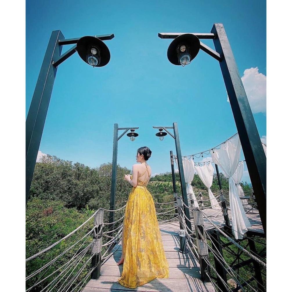 Đầm váy maxi cổ yếm voan lụa mút ngực vàng xanh đan lưng hở lưng xẻ đùi đi biển dự tiệc dạo phố bigsize gợi cảm sexy
