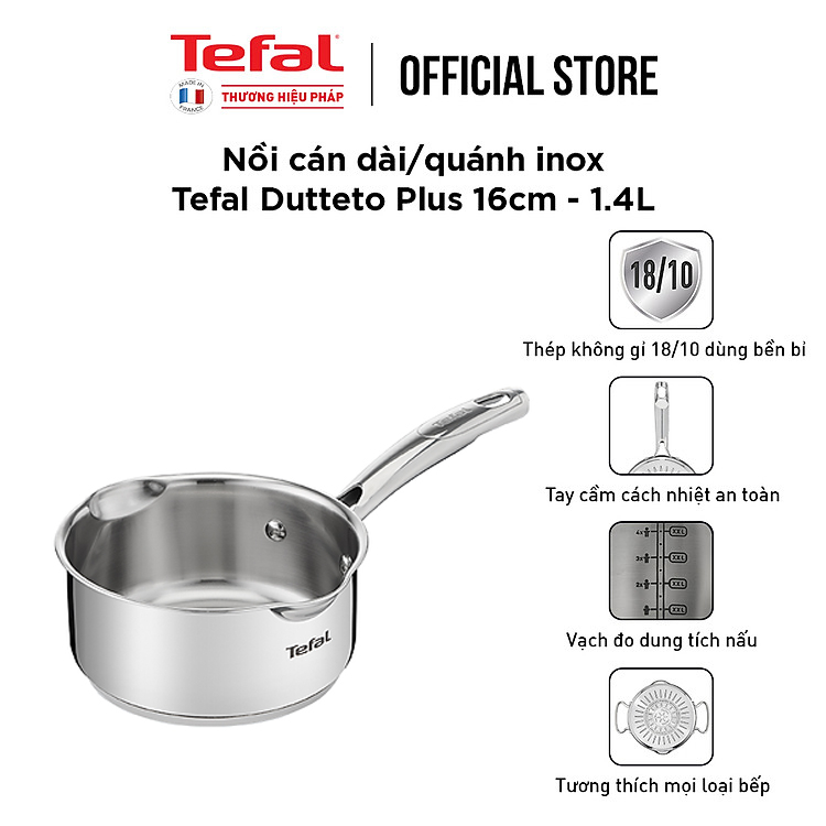 Bộ 3 nồi inox Tefal Duetto Plus (Quánh 16cm - 1.4L, Nồi 20cm - 2.8L, Nồi 24cm - 4.9L) - Hàng chính hãng