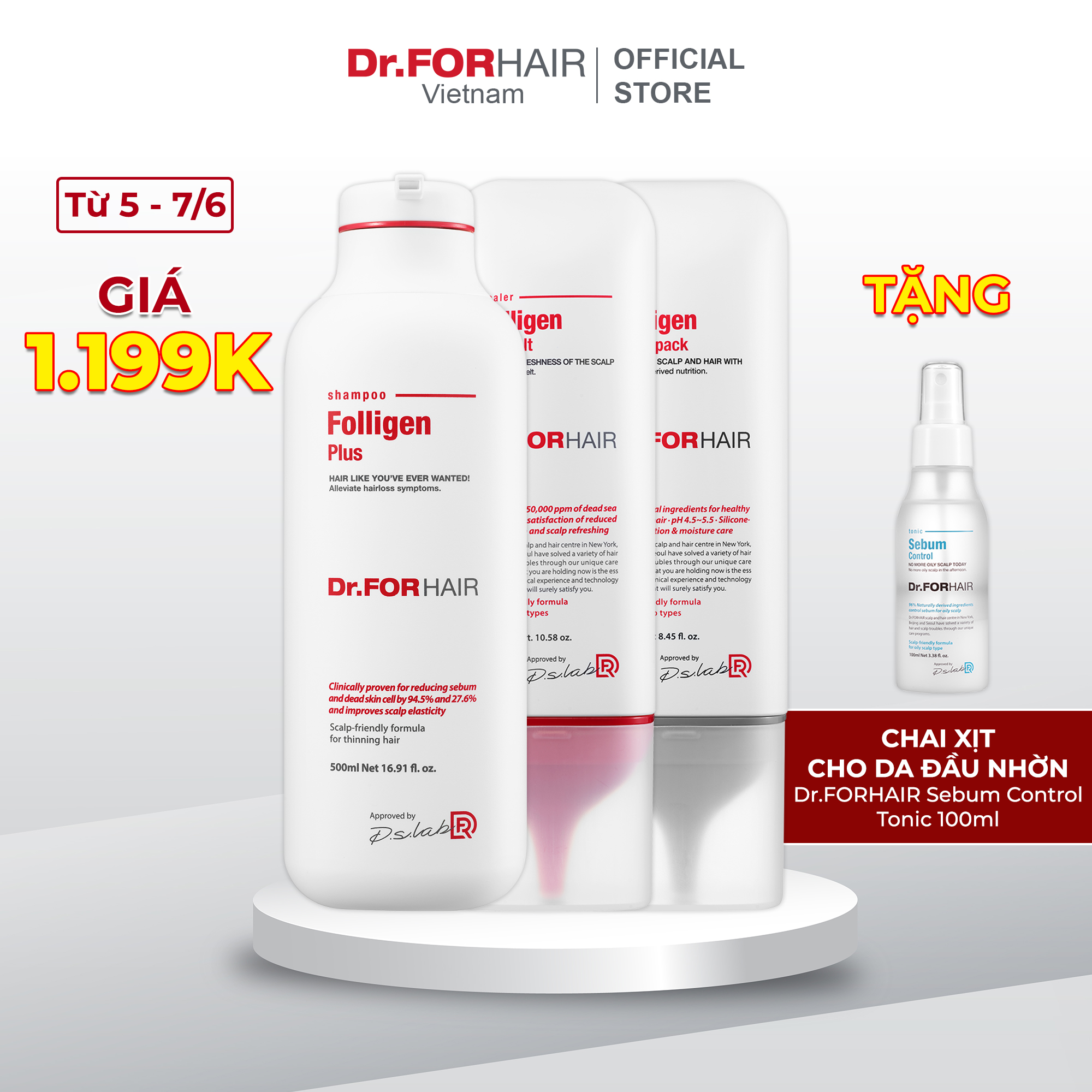 Bộ gội xả dưỡng tóc sạch gàu giảm rụng và suôn mượt tóc Dr.FORHAIR Folligen Plus 500ml x Scalp Pack 250ml x Sea Salt 300g