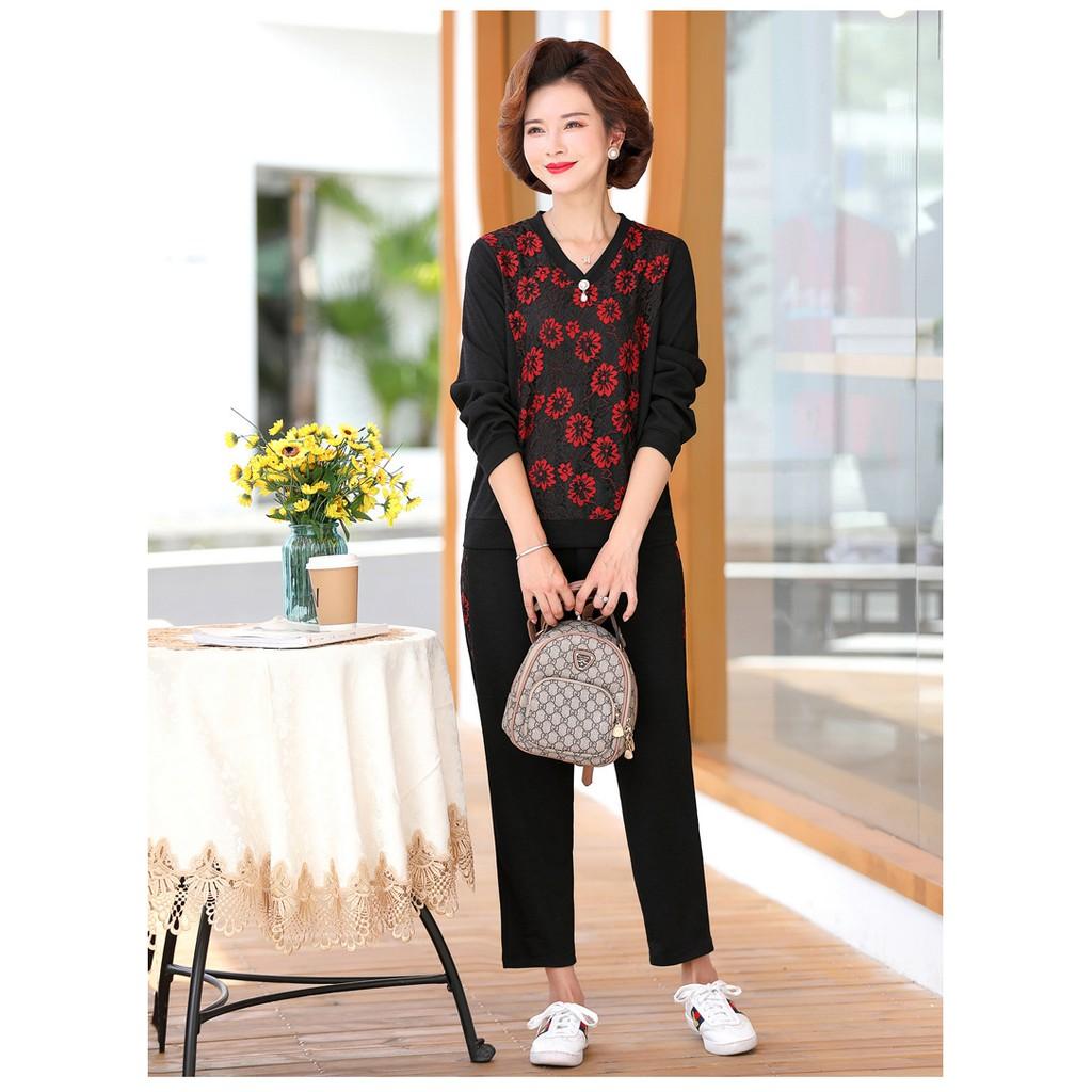 Bộ mặc nhà trung niên dài tay cao cấp, ren cúc mùa thu đông