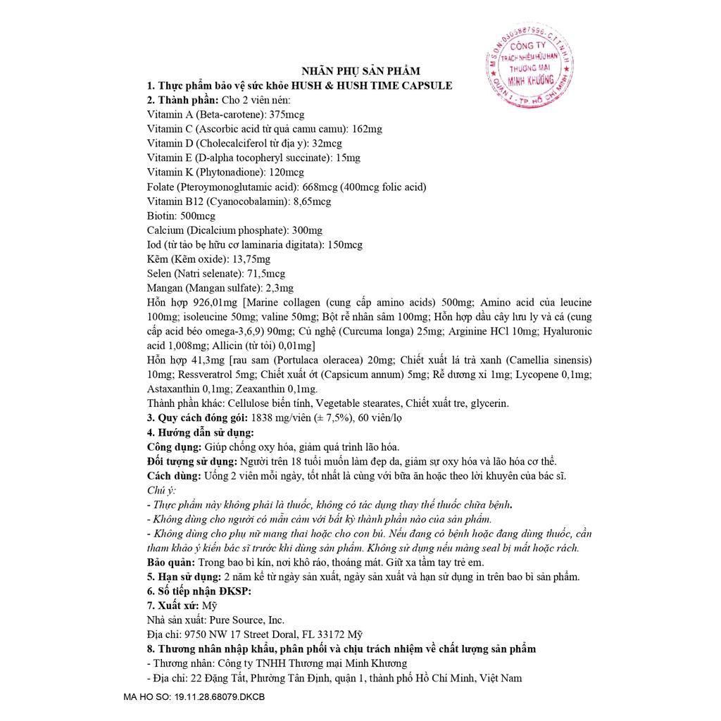 Viên Uống Hush & Hush Time Capsule Ngăn Ngừa Lão Hóa Giảm Mờ Thâm Nám Bảo Vệ Da Hộp 60 Viên