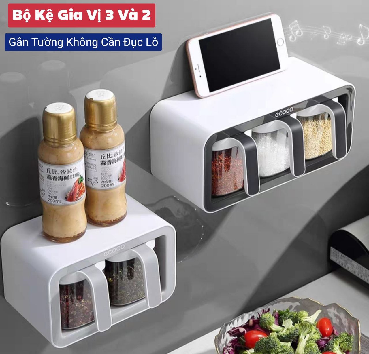 ✅ hàng cao cấp -  Bộ đựng gia vị 3 ngăn và bộ đựng gia vị 2 ngăn - hộp đựng gia vị thông minh kèm thìa bằng nhựa ABS gọn gàng tiện lợi - gắn tường không cần khoan đục