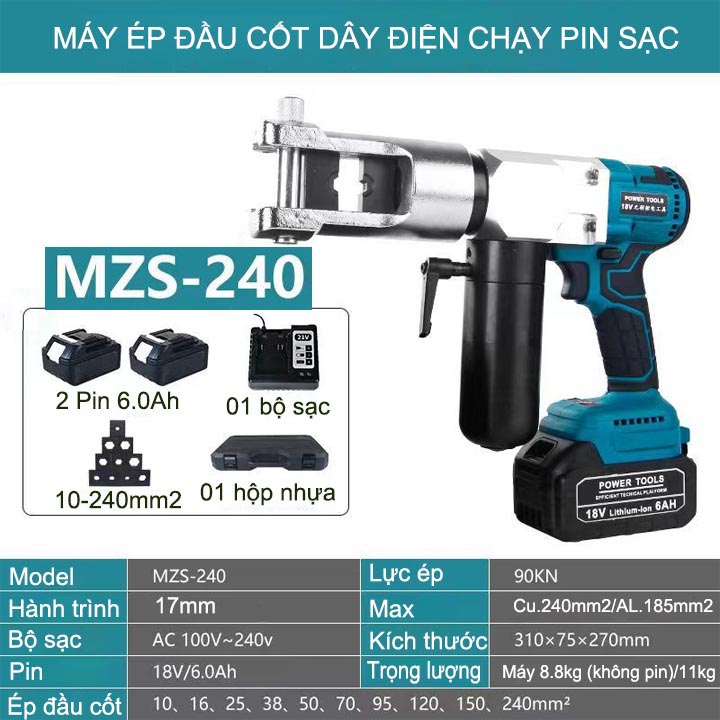 Máy ép đầu cốt dây điện từ 10-240mm2 kèm 2 pin sạc và có hộp nhựa