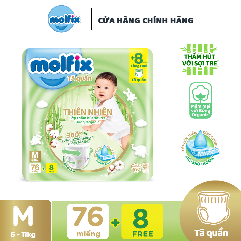 Tã/bỉm quần Molfix Thiên nhiên Ultra M (6kg - 11kg) - Gói 76+8 miếng