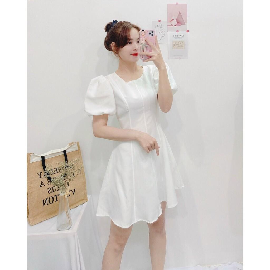 ĐẦM CỔ TRÒN PHÂN MẢNH TAY NGẮN ÔM EO DÁNG XÒE
