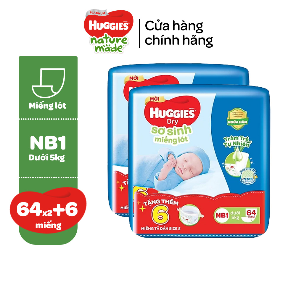 Combo 2 gói Miếng lót sơ sinh Huggies Skin Perfect 2 vùng thấm giảm kích ứng da NB1 64+4/NB1 108+6 miếng