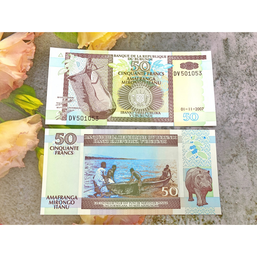 Tiền cổ 50 Francs Burundi hình con hà mã , tiền quốc gia châu Phi , mới 100% UNC, tặng túi nilon bảo quản