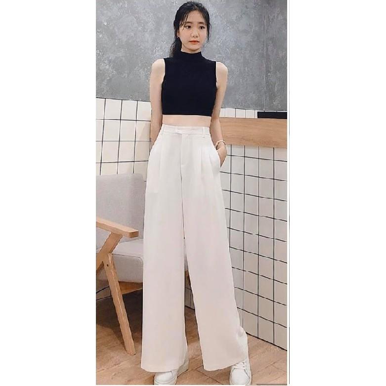 Quần Ống Rộng Quân Xuông Quần Cạp Cao Màu Trắng