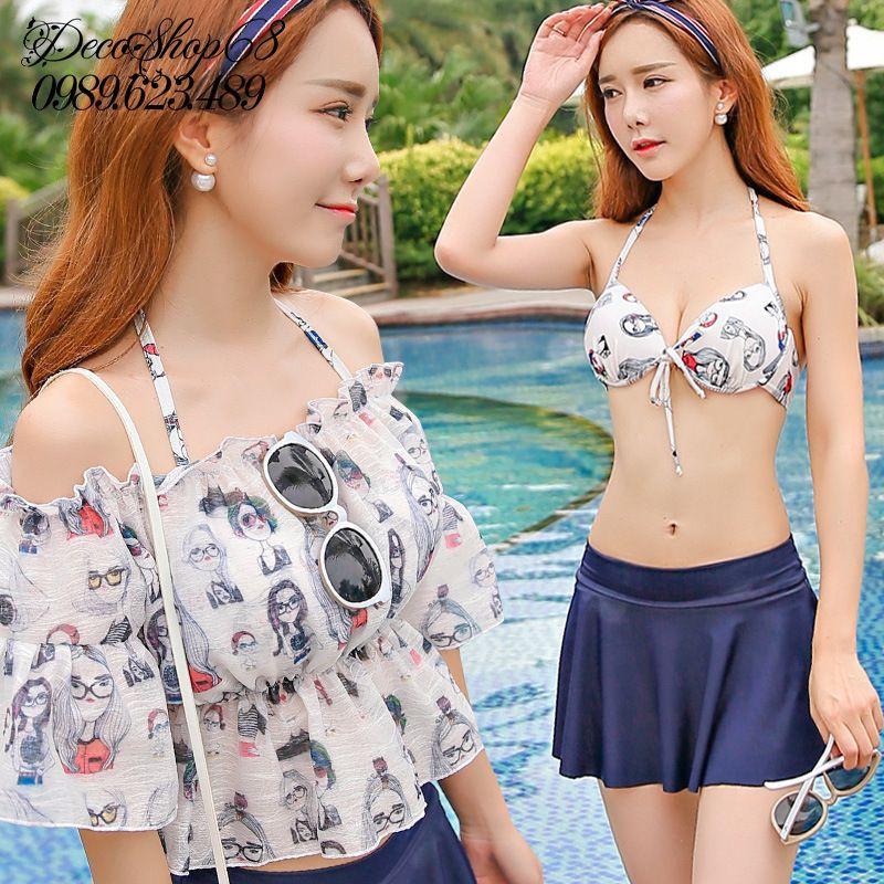 Đồ bơi nữ 42-60 kg áo trễ vai váy xòe co giãn tốt nhiều màu Blueshop68