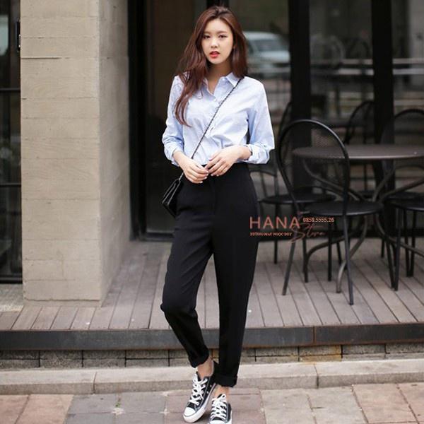 Quần baggy vải công sở cạp cao màu đen cho nữ, quầnbaggy tây nữ lưng cao 1 nút HN01