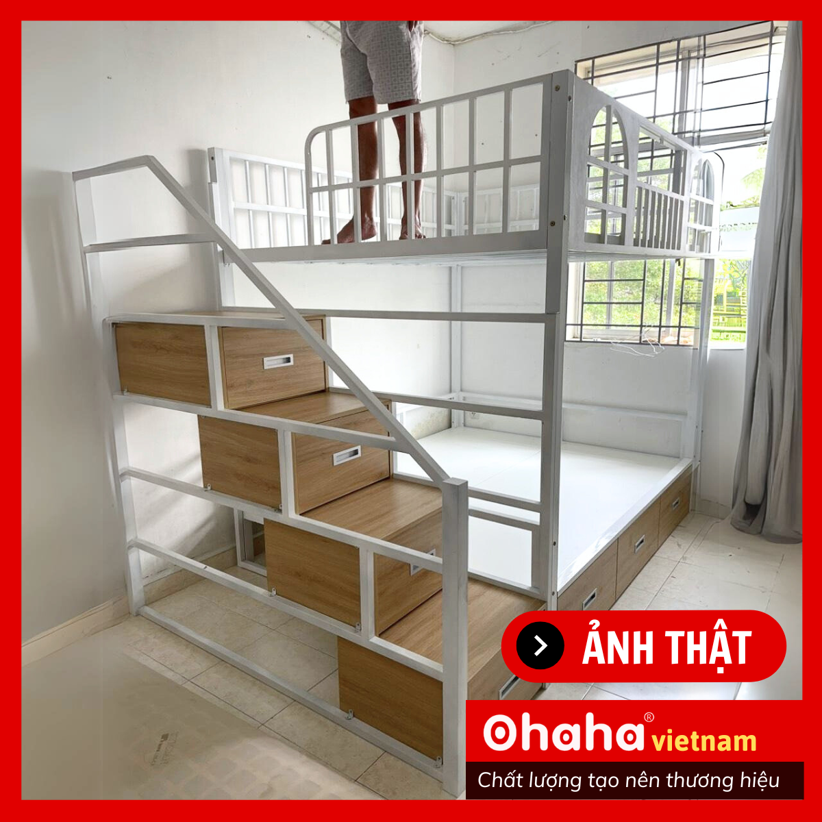 [Kèm Ảnh Thực Tế - Miễn phí vận chuyển &amp; Lắp đặt] GIƯỜNG TẦNG THÔNG MINH KHUNG SẮT OHAHA - GTS002