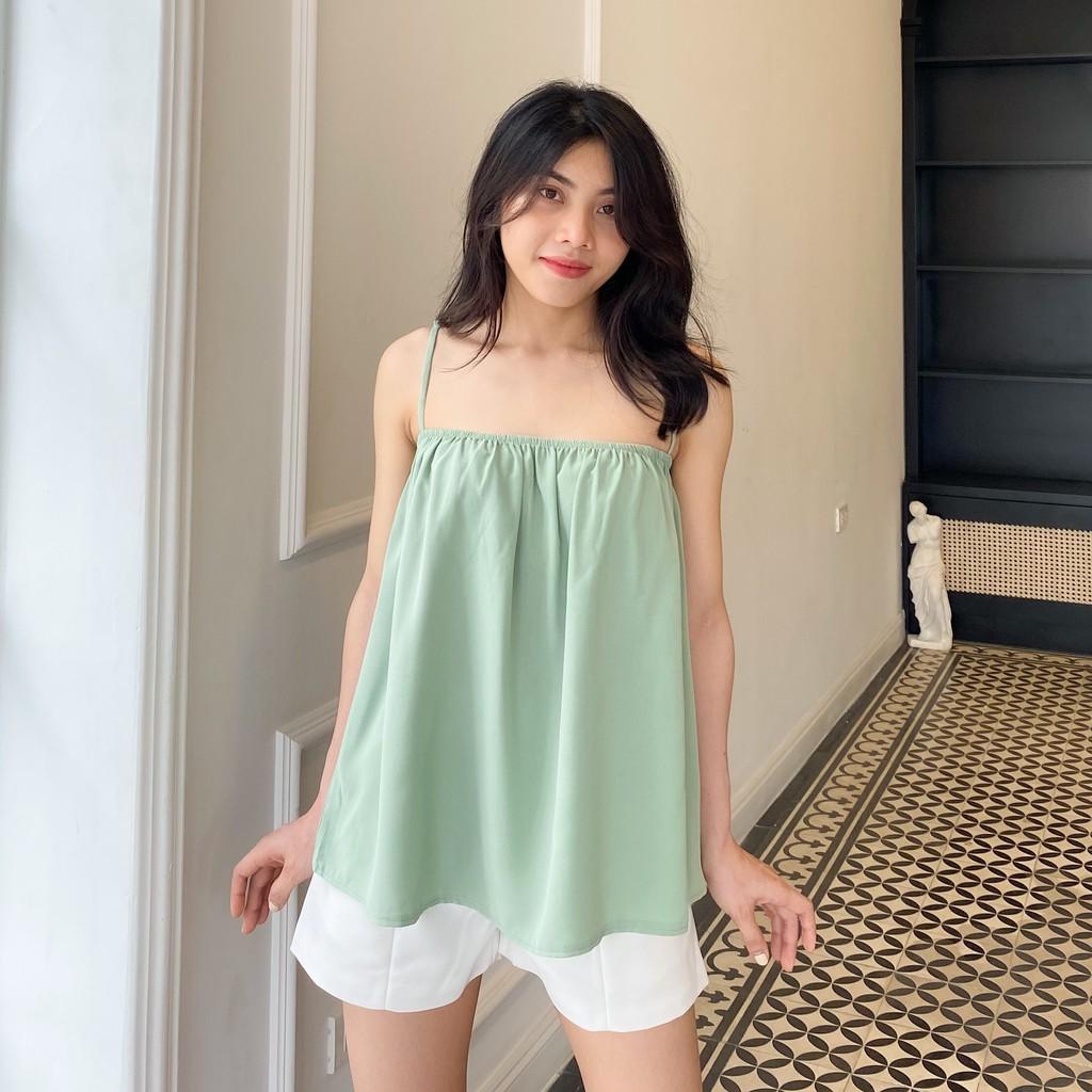 Áo Hai Dây Chun Ngực Trơn Màu Xinh Xắn Theo Phong Cách Hàn Quốc Dành Cho Nữ - Freesize <55kg