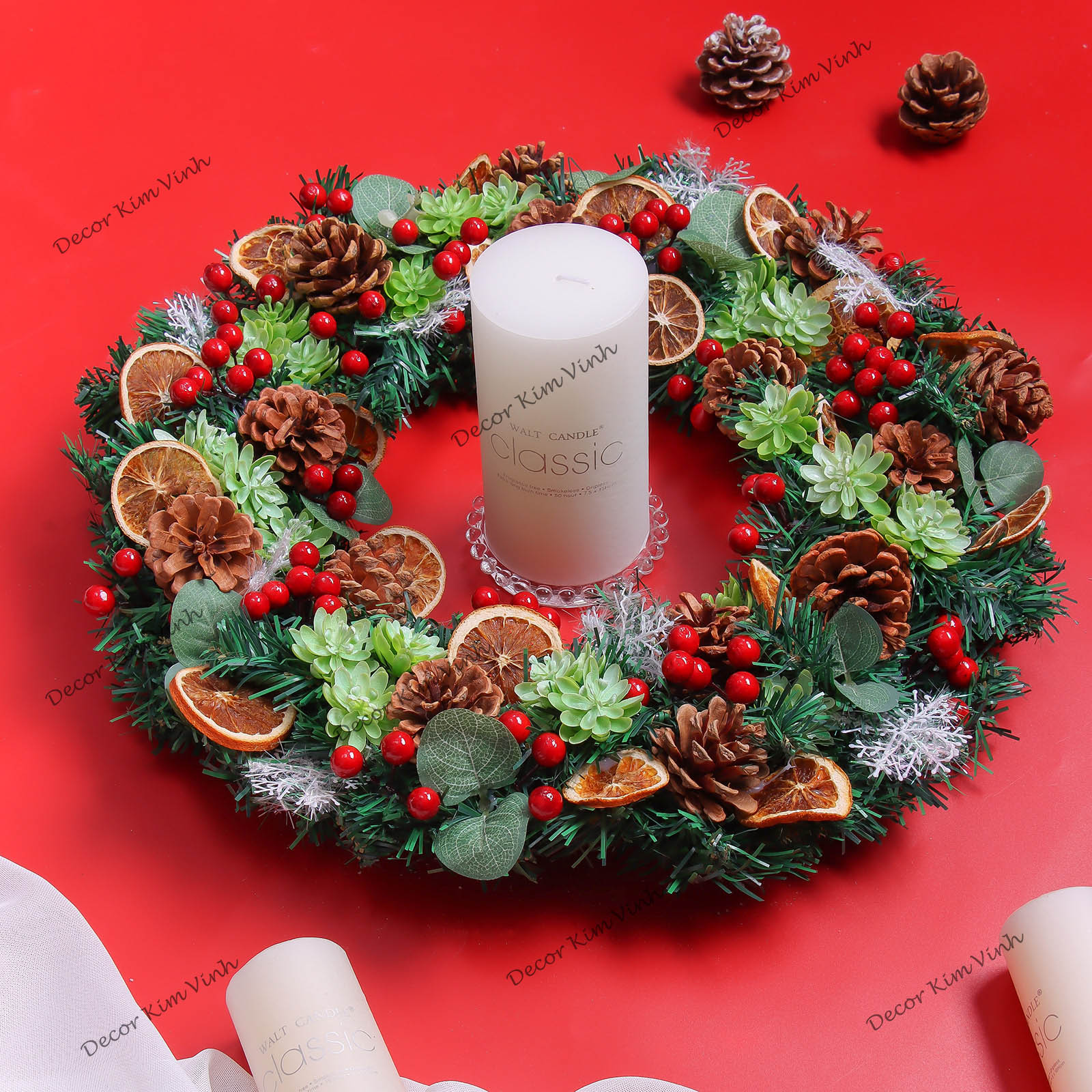 Vòng Tròn Nến Giáng Sinh DN129 Kèm Nến Vòng Nến Lát Cam Trang Trí Noel Vintage Lãng Mạn