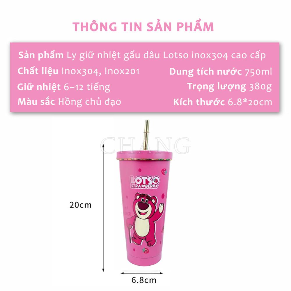 Ly Giữ Nhiệt Gấu Dâu LOTSO 750ML, Bình Giữ Nhiệt Inox 304 Tặng Kèm Ống Hút