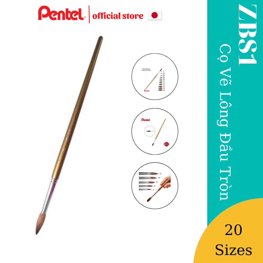 Cọ vẽ Pentel ZBS1 Làm Từ Lông Đuôi Ngựa | Cọ Đầu Tròn Các Số 0/ 2/ 4/ 6/ 8/ 10/ 12/ 15/ 16/ 18/ 20